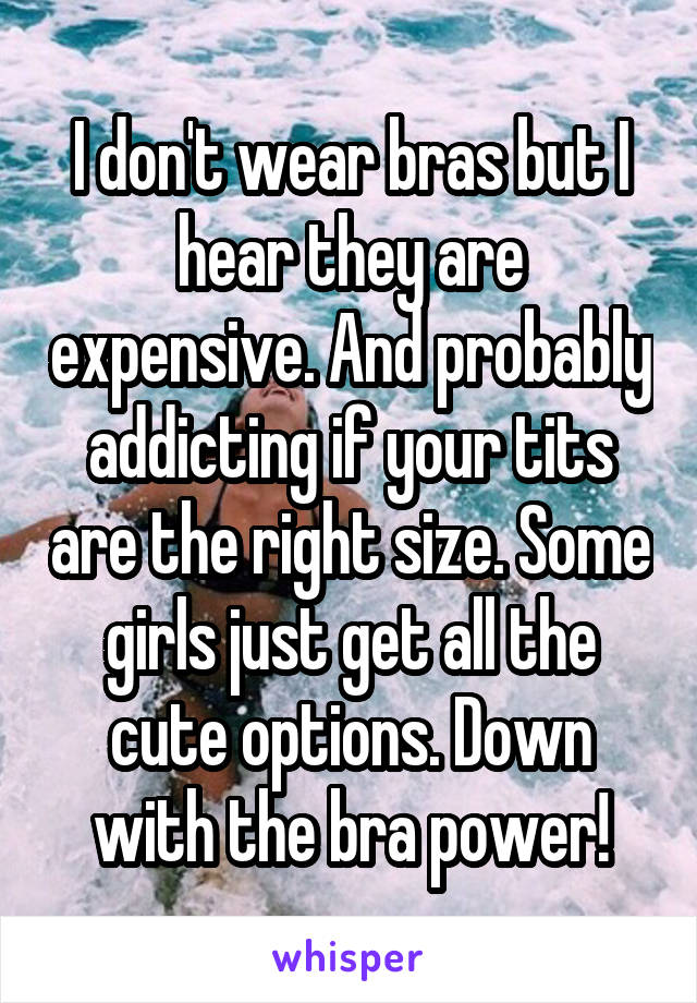 I don't wear bras but I hear they are expensive. And probably addicting if your tits are the right size. Some girls just get all the cute options. Down with the bra power!