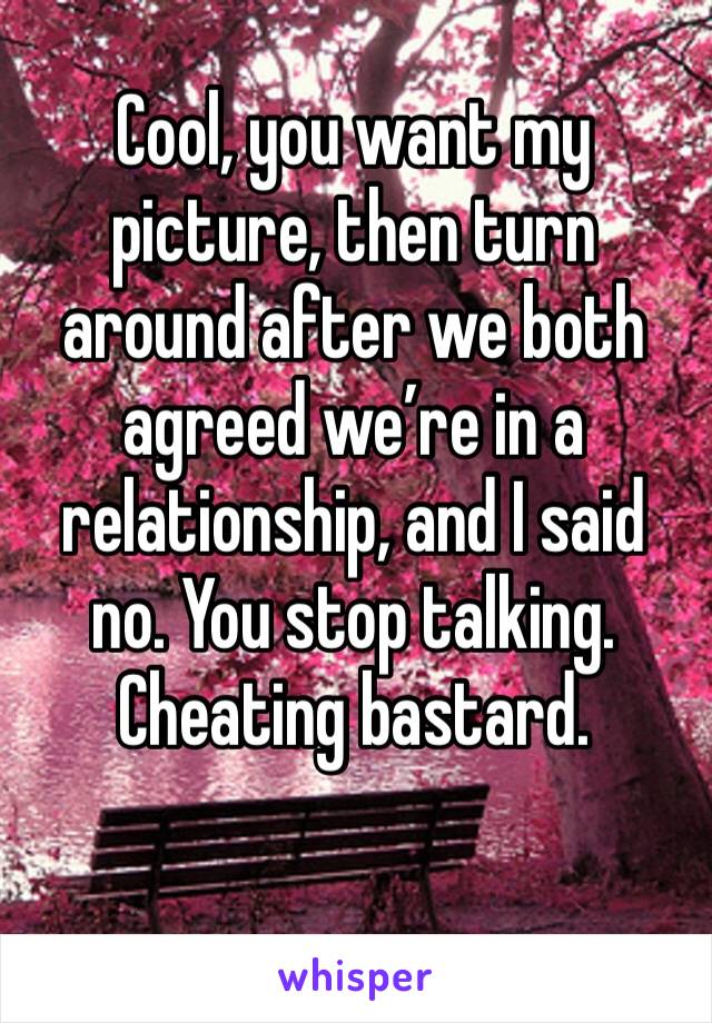 Cool, you want my picture, then turn around after we both agreed we’re in a relationship, and I said no. You stop talking. Cheating bastard. 