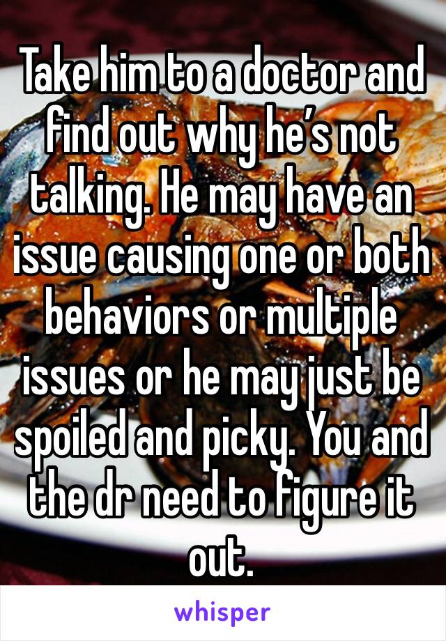 Take him to a doctor and find out why he’s not talking. He may have an issue causing one or both behaviors or multiple issues or he may just be spoiled and picky. You and the dr need to figure it out.