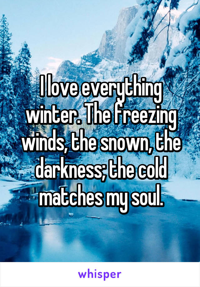 I love everything winter. The freezing winds, the snown, the darkness; the cold matches my soul.