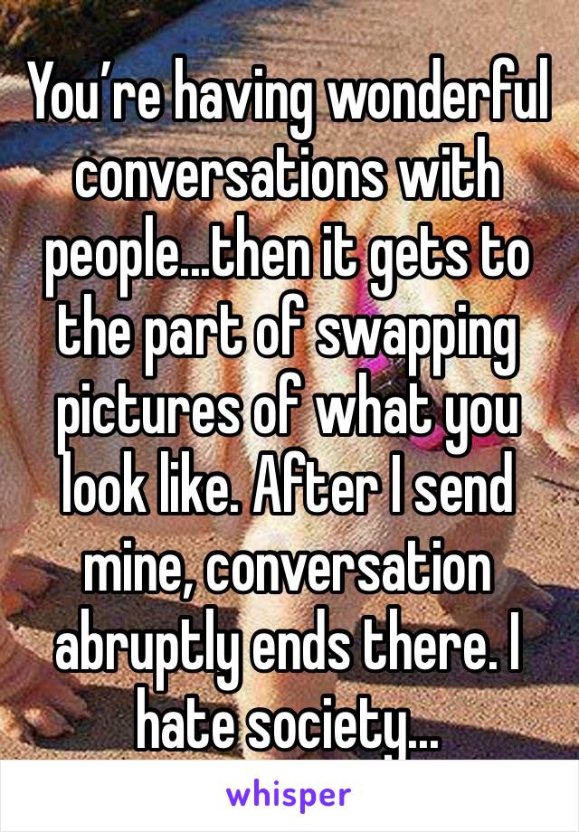 You’re having wonderful conversations with people...then it gets to the part of swapping pictures of what you look like. After I send mine, conversation abruptly ends there. I hate society...