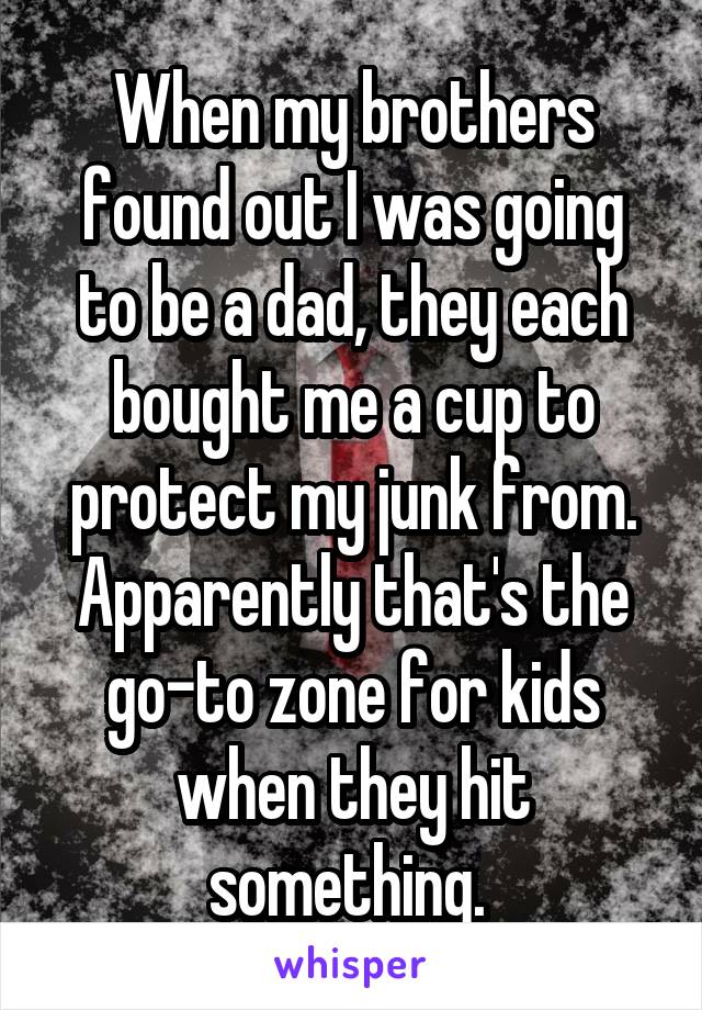 When my brothers found out I was going to be a dad, they each bought me a cup to protect my junk from. Apparently that's the go-to zone for kids when they hit something. 