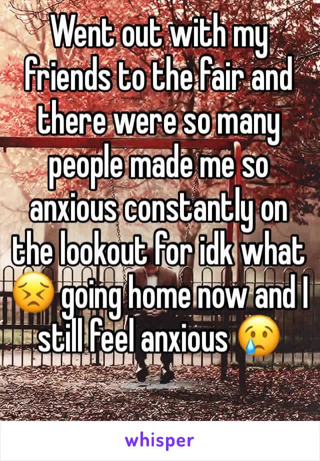 Went out with my friends to the fair and there were so many people made me so anxious constantly on the lookout for idk what 😣 going home now and I still feel anxious 😢