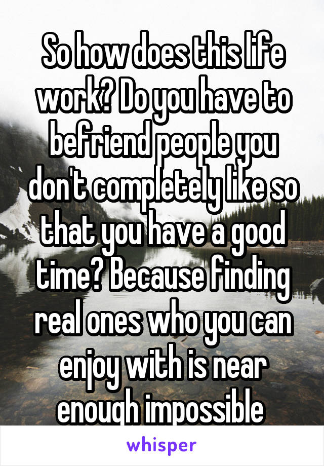 So how does this life work? Do you have to befriend people you don't completely like so that you have a good time? Because finding real ones who you can enjoy with is near enough impossible 