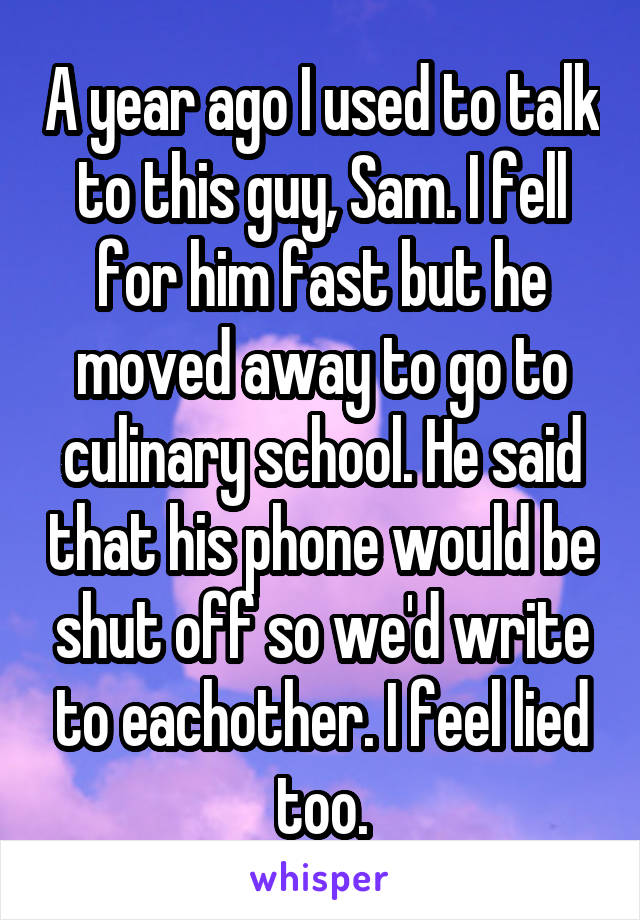 A year ago I used to talk to this guy, Sam. I fell for him fast but he moved away to go to culinary school. He said that his phone would be shut off so we'd write to eachother. I feel lied too.
