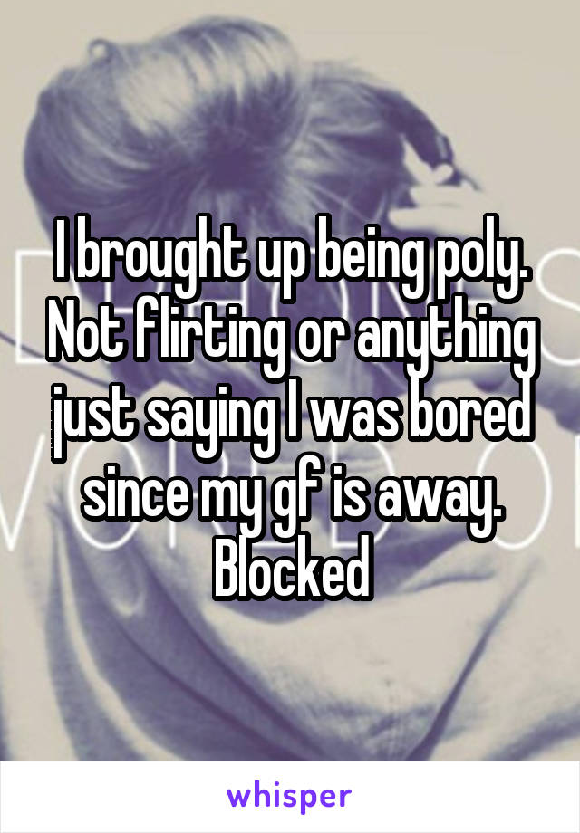 I brought up being poly. Not flirting or anything just saying I was bored since my gf is away.
Blocked