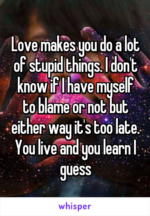 Love makes you do a lot of stupid things. I don't know if I have myself to blame or not but either way it's too late. You live and you learn I guess