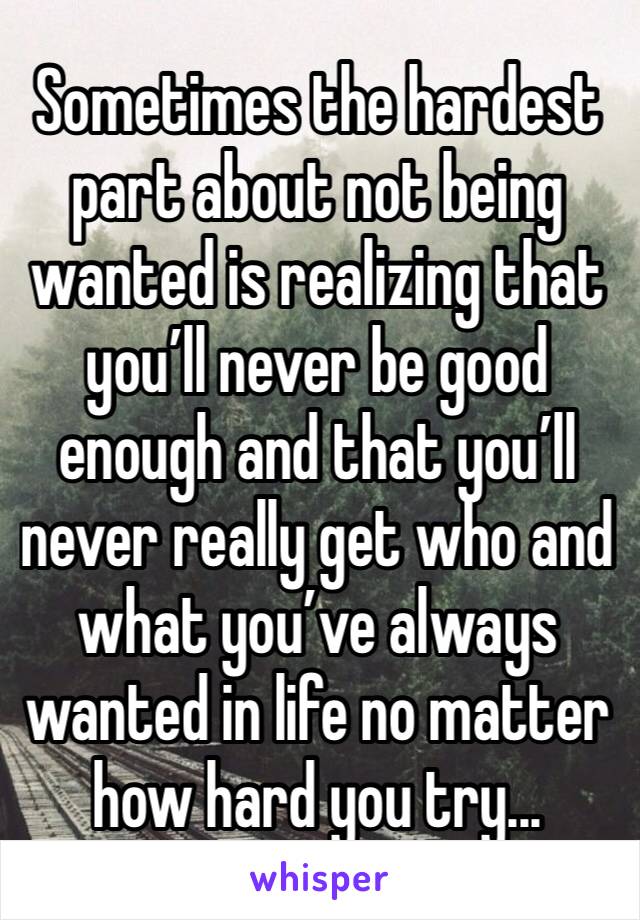 Sometimes the hardest part about not being wanted is realizing that you’ll never be good enough and that you’ll never really get who and what you’ve always wanted in life no matter how hard you try...