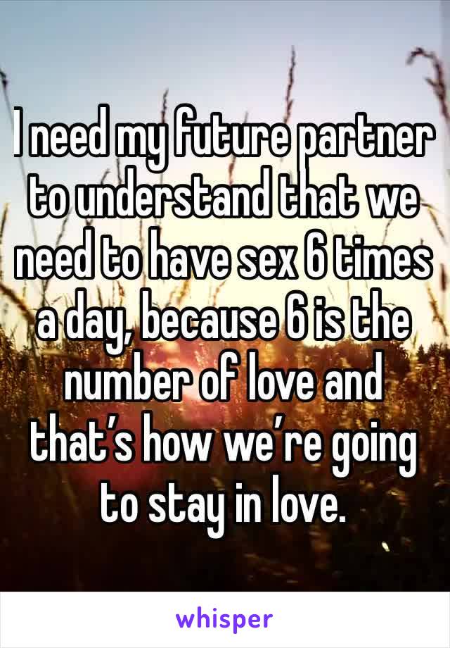 I need my future partner to understand that we need to have sex 6 times a day, because 6 is the number of love and that’s how we’re going to stay in love. 