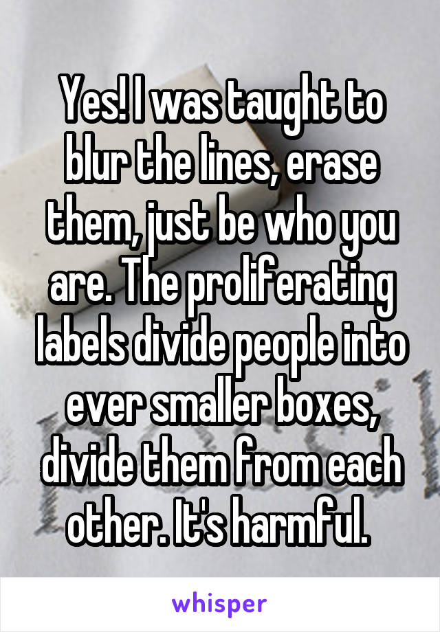 Yes! I was taught to blur the lines, erase them, just be who you are. The proliferating labels divide people into ever smaller boxes, divide them from each other. It's harmful. 