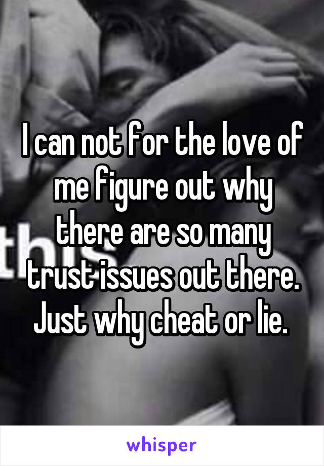I can not for the love of me figure out why there are so many trust issues out there. Just why cheat or lie. 