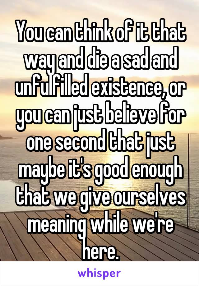 You can think of it that way and die a sad and unfulfilled existence, or you can just believe for one second that just maybe it's good enough that we give ourselves meaning while we're here.