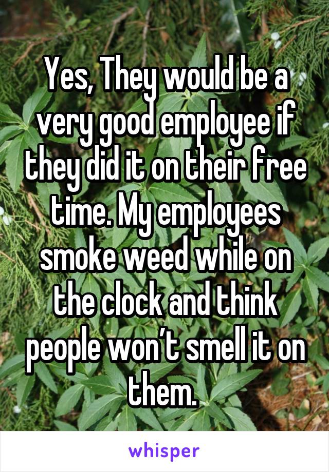 Yes, They would be a very good employee if they did it on their free time. My employees smoke weed while on the clock and think people won’t smell it on them. 