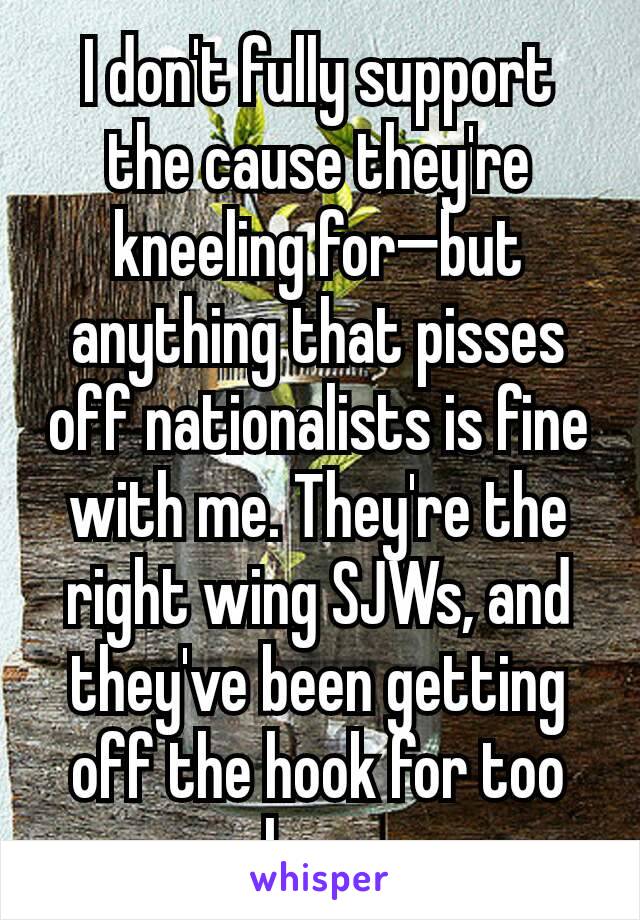 I don't fully support the cause they're kneeling for—but anything that pisses off nationalists is fine with me. They're the right wing SJWs, and they've been getting off the hook for too long.