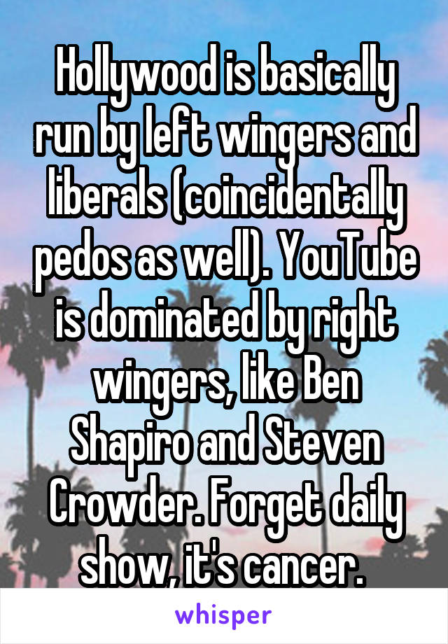 Hollywood is basically run by left wingers and liberals (coincidentally pedos as well). YouTube is dominated by right wingers, like Ben Shapiro and Steven Crowder. Forget daily show, it's cancer. 