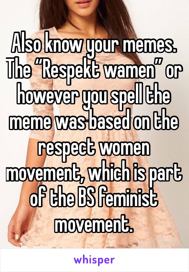 Also know your memes. The “Respekt wamen” or however you spell the meme was based on the respect women movement, which is part of the BS feminist movement. 