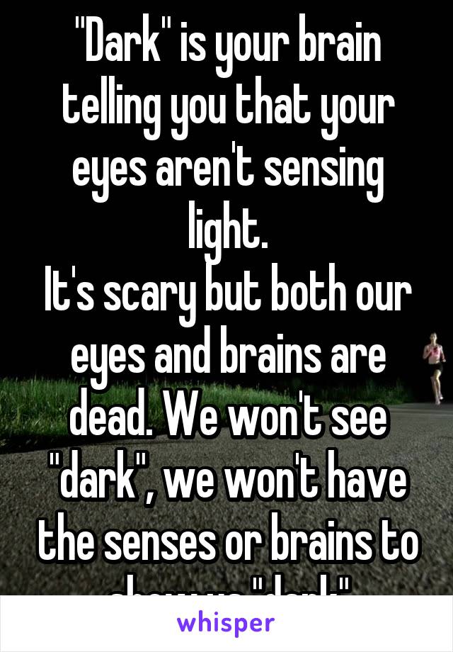 "Dark" is your brain telling you that your eyes aren't sensing light.
It's scary but both our eyes and brains are dead. We won't see "dark", we won't have the senses or brains to show us "dark"
