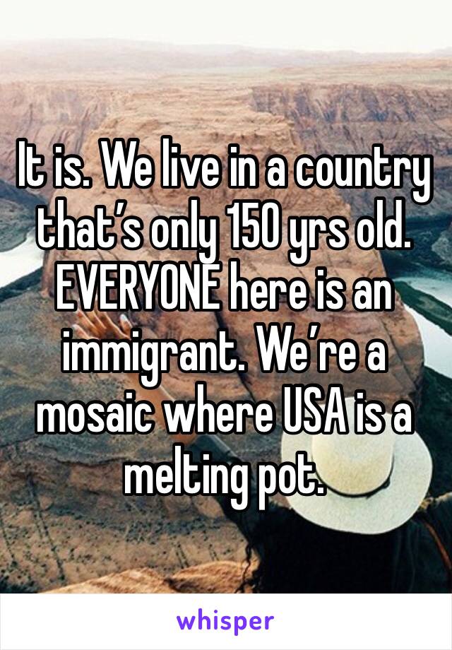 It is. We live in a country that’s only 150 yrs old. EVERYONE here is an immigrant. We’re a mosaic where USA is a melting pot. 