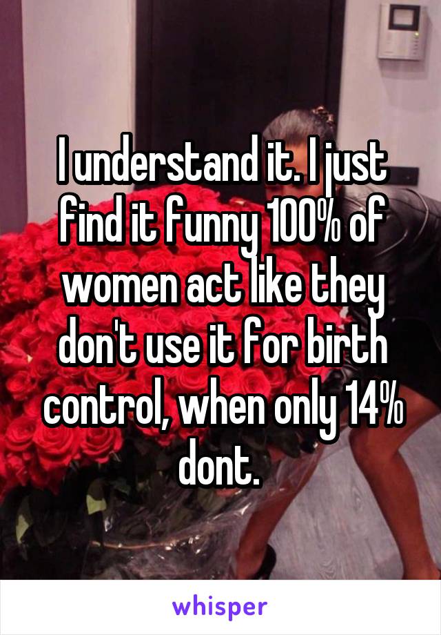 I understand it. I just find it funny 100% of women act like they don't use it for birth control, when only 14% dont. 