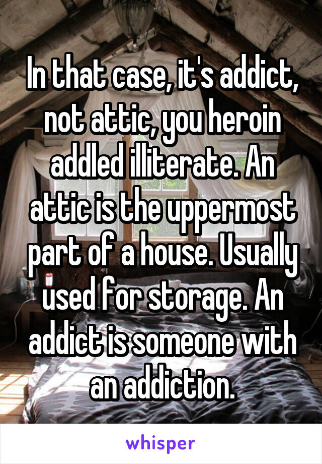 In that case, it's addict, not attic, you heroin addled illiterate. An attic is the uppermost part of a house. Usually used for storage. An addict is someone with an addiction.