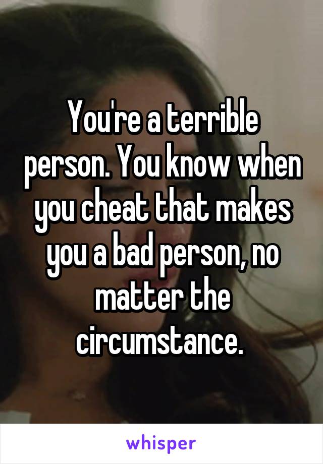 You're a terrible person. You know when you cheat that makes you a bad person, no matter the circumstance. 
