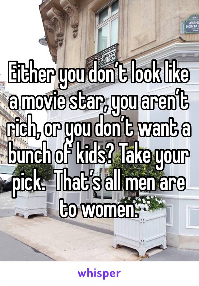 Either you don’t look like a movie star, you aren’t rich, or you don’t want a bunch of kids? Take your pick.  That’s all men are to women.