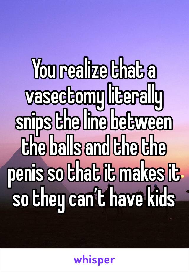 You realize that a vasectomy literally snips the line between the balls and the the penis so that it makes it so they can’t have kids