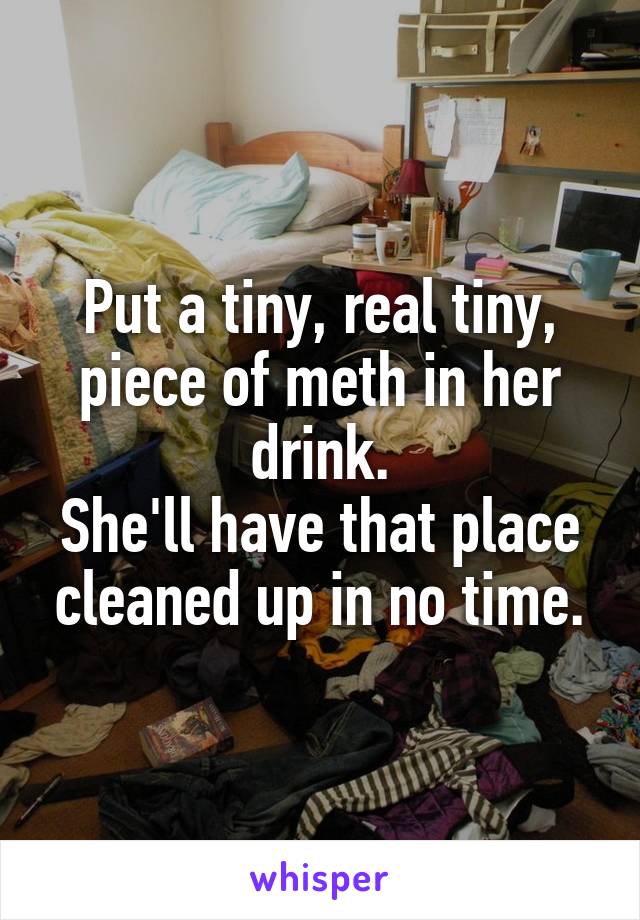 Put a tiny, real tiny, piece of meth in her drink.
She'll have that place cleaned up in no time.