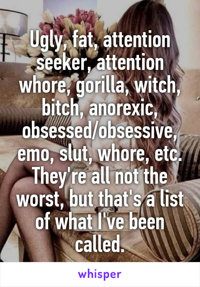 Ugly, fat, attention seeker, attention whore, gorilla, witch, bitch, anorexic, obsessed/obsessive, emo, slut, whore, etc.
They're all not the worst, but that's a list of what I've been called.