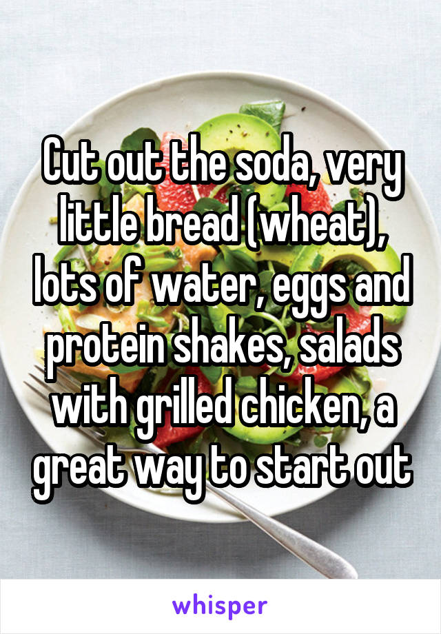Cut out the soda, very little bread (wheat), lots of water, eggs and protein shakes, salads with grilled chicken, a great way to start out