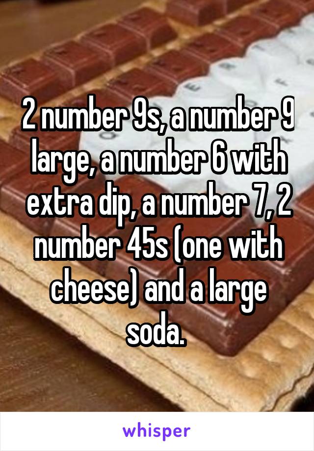 2 number 9s, a number 9 large, a number 6 with extra dip, a number 7, 2 number 45s (one with cheese) and a large soda. 