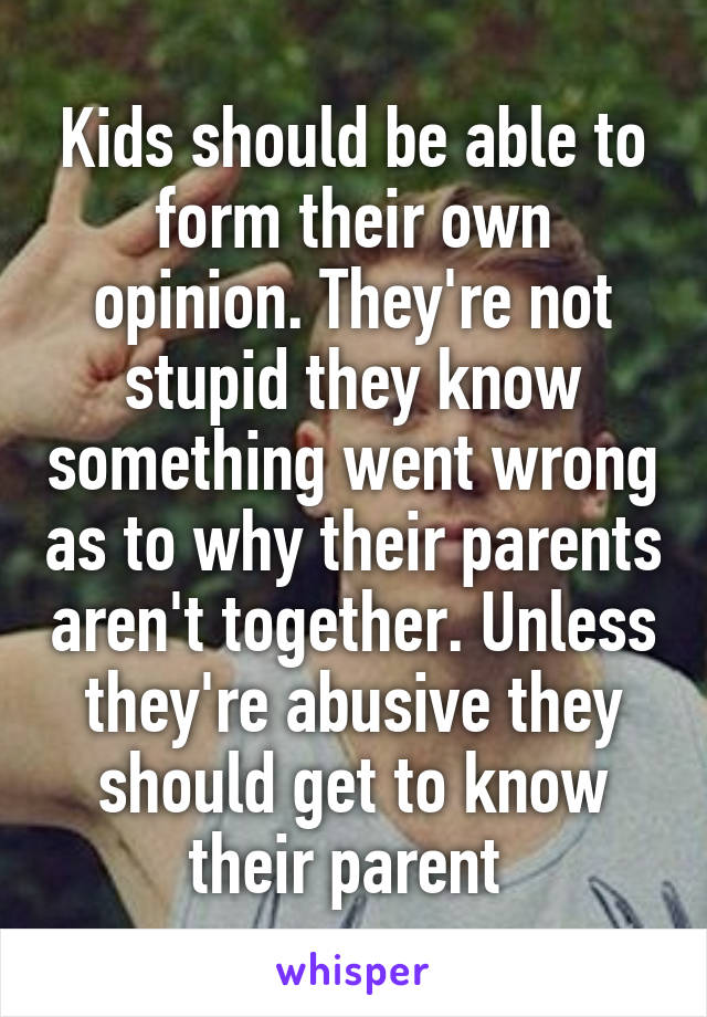Kids should be able to form their own opinion. They're not stupid they know something went wrong as to why their parents aren't together. Unless they're abusive they should get to know their parent 