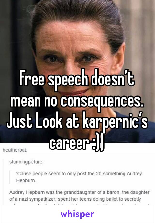 Free speech doesn’t mean no consequences. Just Look at karpernic’s career :))