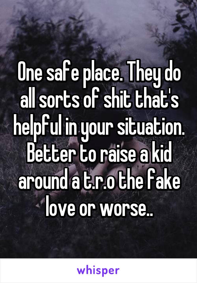 One safe place. They do all sorts of shit that's helpful in your situation. Better to raise a kid around a t.r.o the fake love or worse..