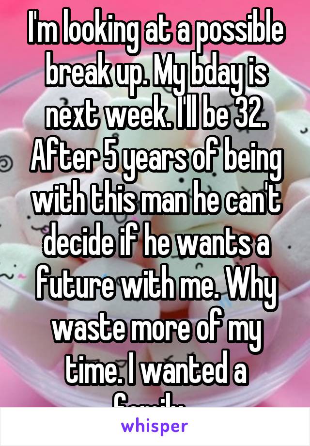 I'm looking at a possible break up. My bday is next week. I'll be 32. After 5 years of being with this man he can't decide if he wants a future with me. Why waste more of my time. I wanted a family...