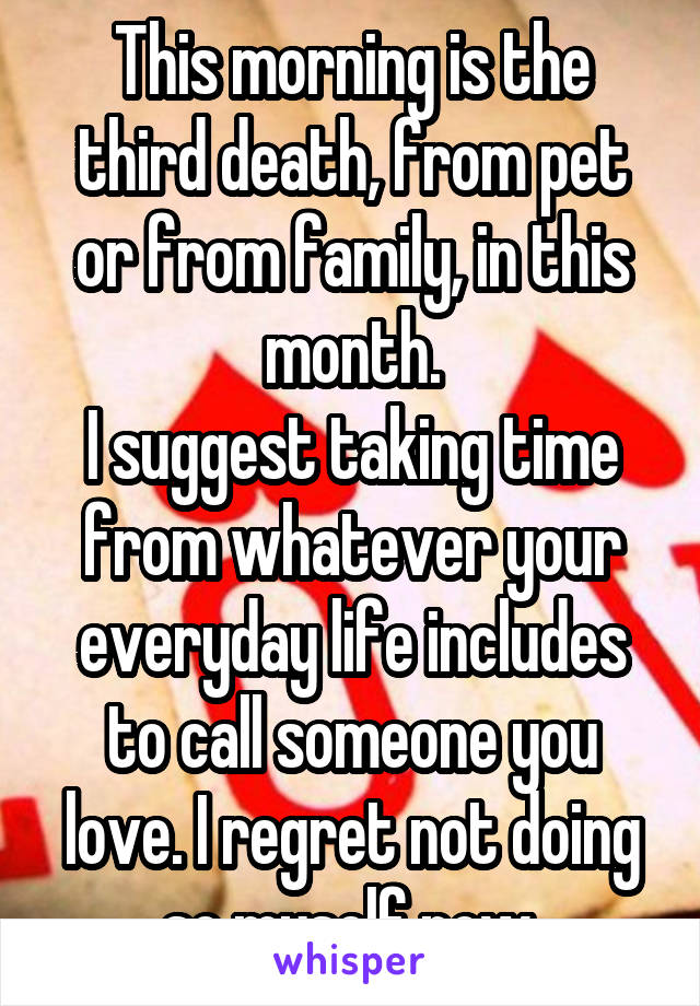 This morning is the third death, from pet or from family, in this month.
I suggest taking time from whatever your everyday life includes to call someone you love. I regret not doing so myself now.