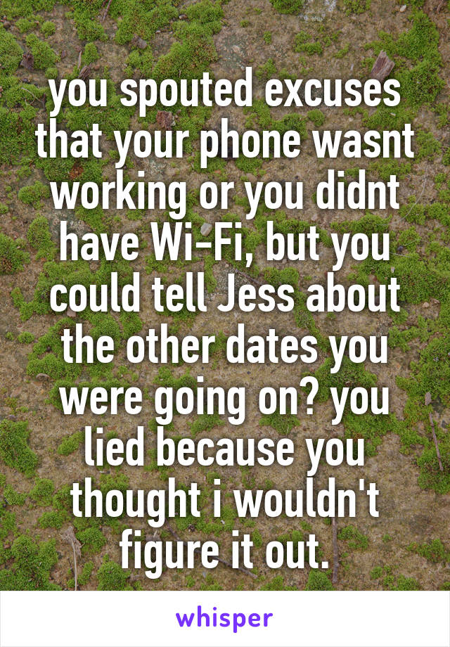 you spouted excuses that your phone wasnt working or you didnt have Wi-Fi, but you could tell Jess about the other dates you were going on? you lied because you thought i wouldn't figure it out.