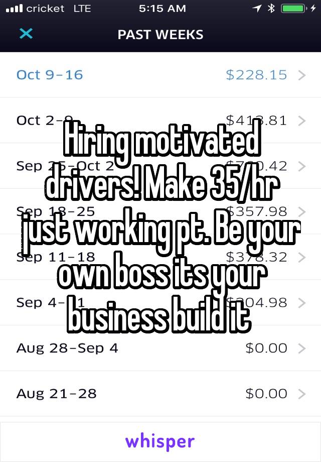 Hiring motivated drivers! Make 35/hr just working pt. Be your own boss its your business build it 