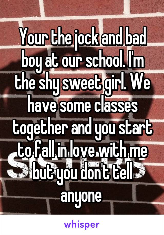 Your the jock and bad boy at our school. I'm the shy sweet girl. We have some classes together and you start to fall in love with me but you don't tell anyone 