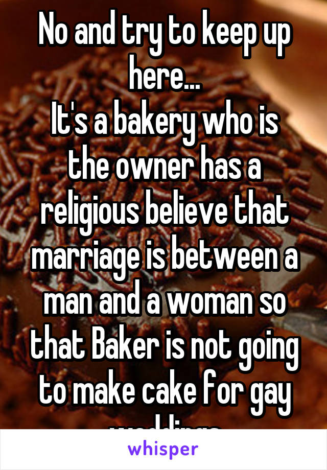 No and try to keep up here...
It's a bakery who is the owner has a religious believe that marriage is between a man and a woman so that Baker is not going to make cake for gay weddings