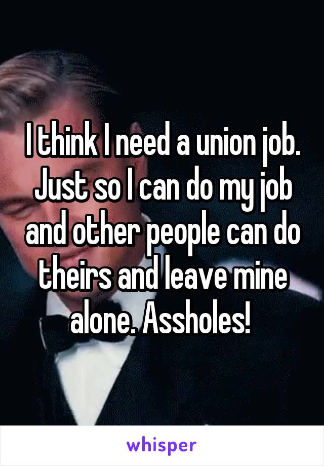 I think I need a union job. Just so I can do my job and other people can do theirs and leave mine alone. Assholes! 