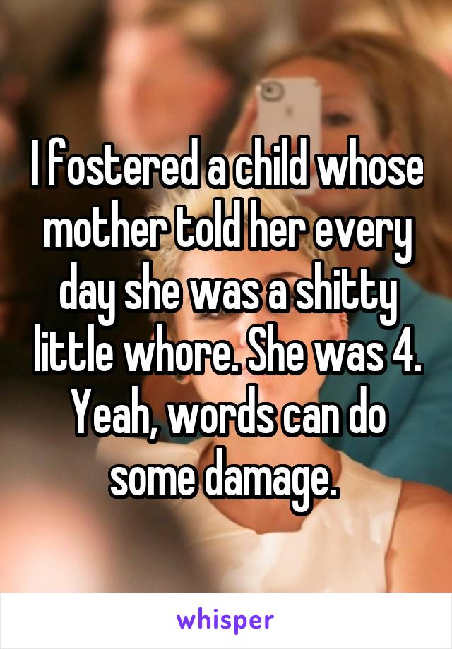 I fostered a child whose mother told her every day she was a shitty little whore. She was 4. Yeah, words can do some damage. 