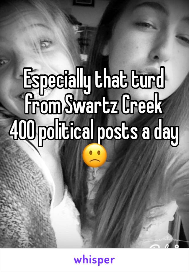 Especially that turd from Swartz Creek 
400 political posts a day 
🙁