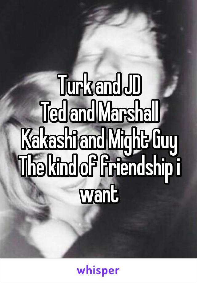 Turk and JD
Ted and Marshall
Kakashi and Might Guy
The kind of friendship i want