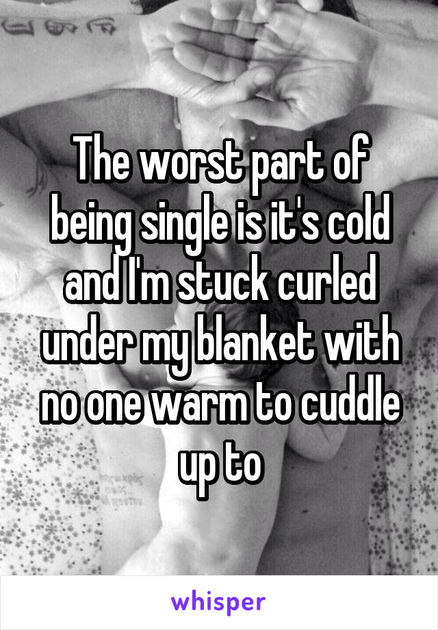 The worst part of being single is it's cold and I'm stuck curled under my blanket with no one warm to cuddle up to