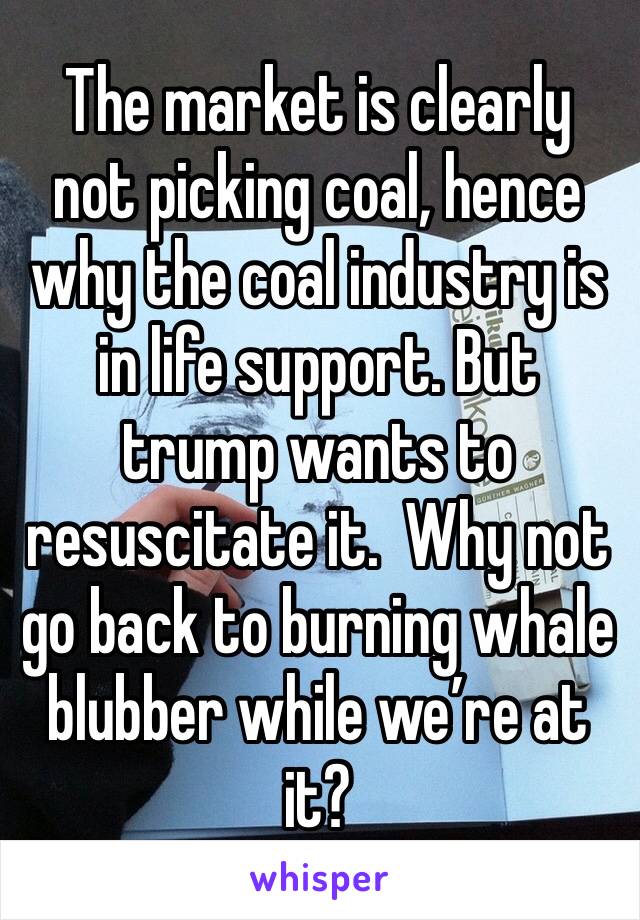 The market is clearly not picking coal, hence why the coal industry is in life support. But trump wants to resuscitate it.  Why not go back to burning whale blubber while we’re at it? 