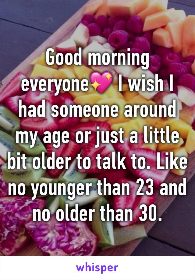 Good morning everyone💖 I wish I had someone around my age or just a little bit older to talk to. Like no younger than 23 and no older than 30. 