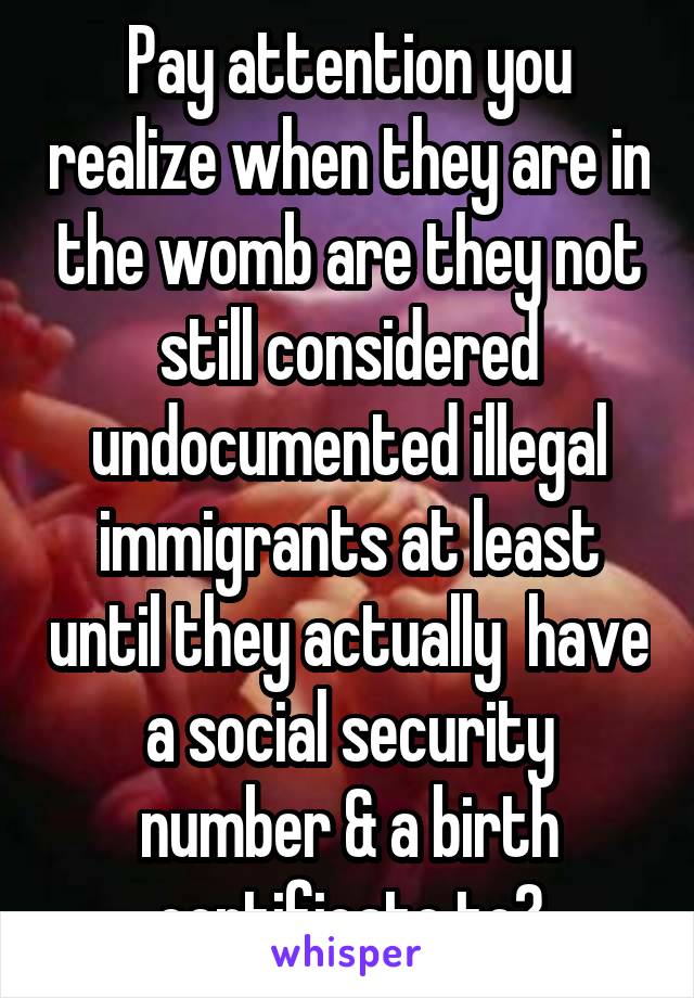 Pay attention you realize when they are in the womb are they not still considered undocumented illegal immigrants at least until they actually  have a social security number & a birth certificate to?