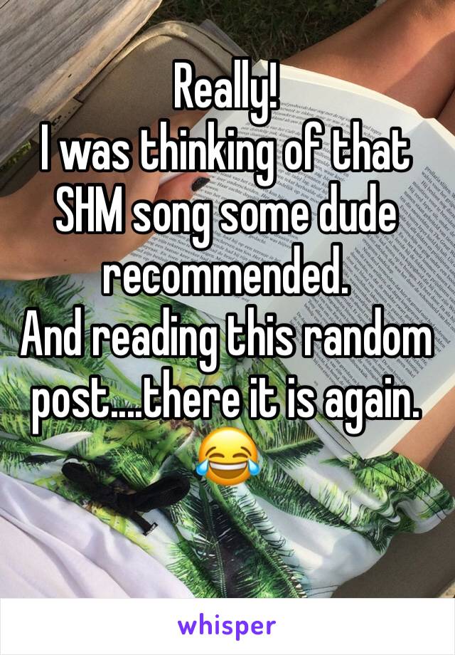 Really!
I was thinking of that SHM song some dude recommended.
And reading this random post....there it is again.
😂