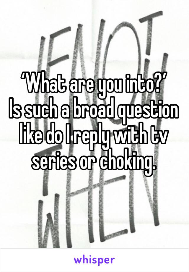 ‘What are you into?’ 
Is such a broad question like do I reply with tv series or choking. 